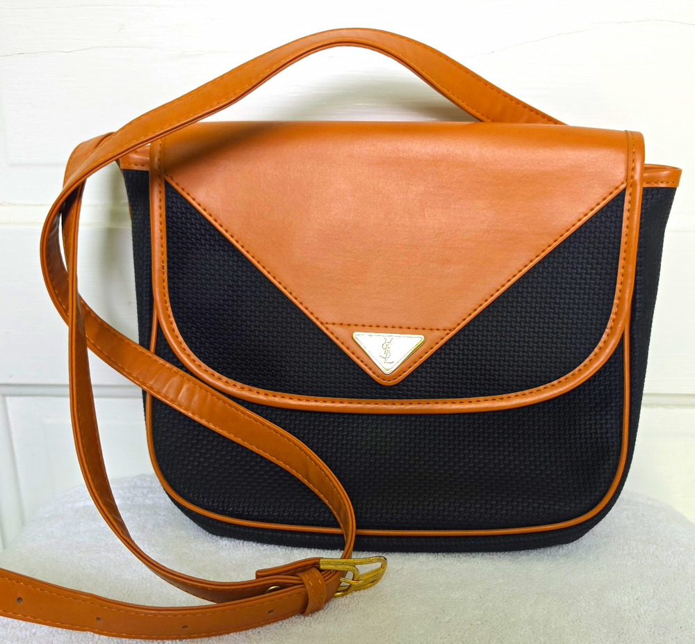 Vintage YSL Saint Laurent Leather & Canvas Shoulder Crossbody Bag Black/Tan